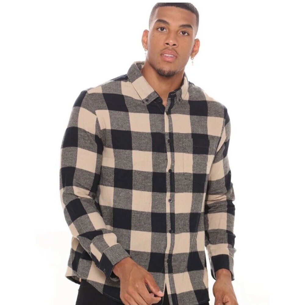 NEW Fashion Nova - Let's Go Long sleeve black and khaki flannel plaid button up
